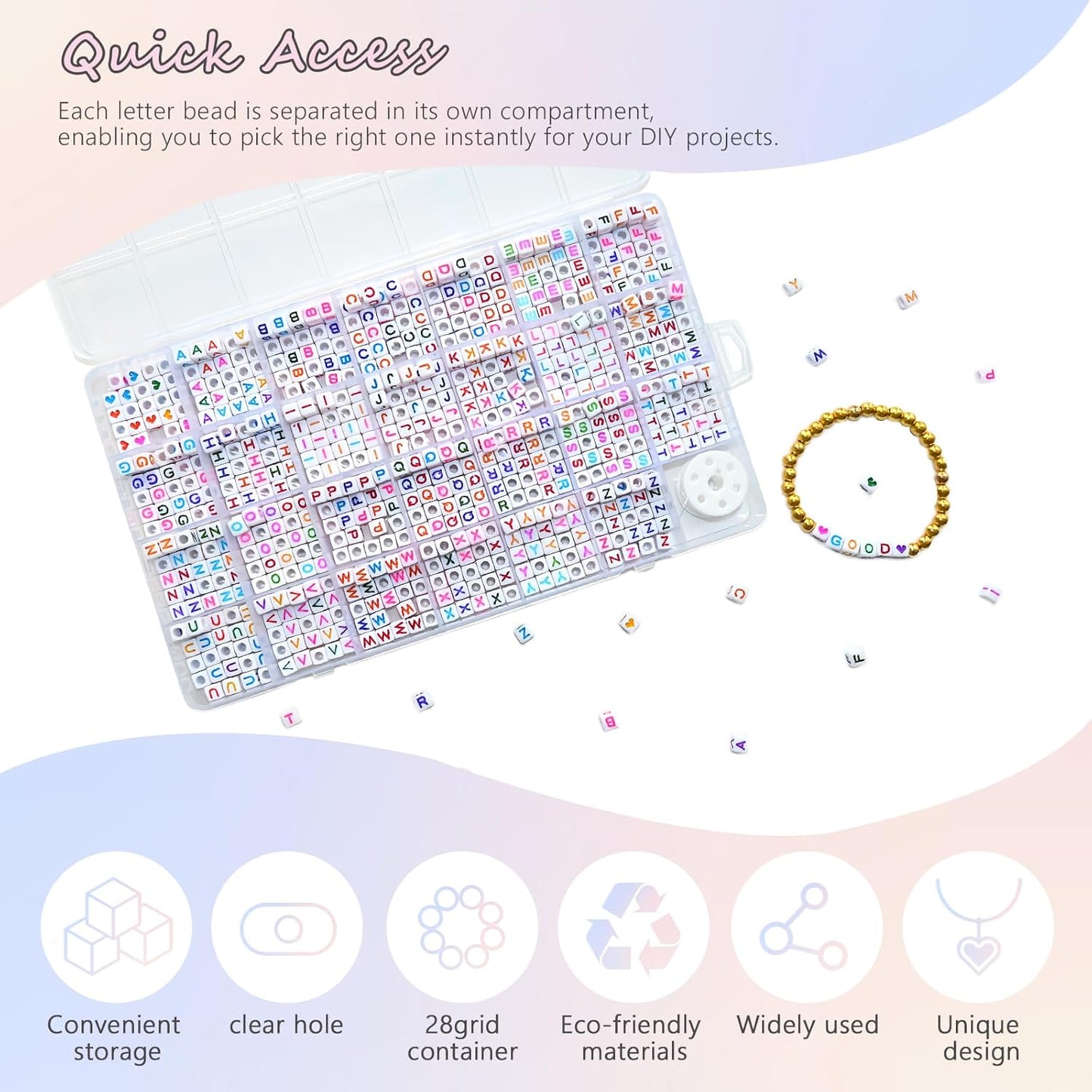 Amaney 1400pcs Glow Letter Beads, Heart Beads Whit Elastic Beading Cord,4x7mm Round Acrylic Alphabet Beads for Friend Bracelet Jewelry Making