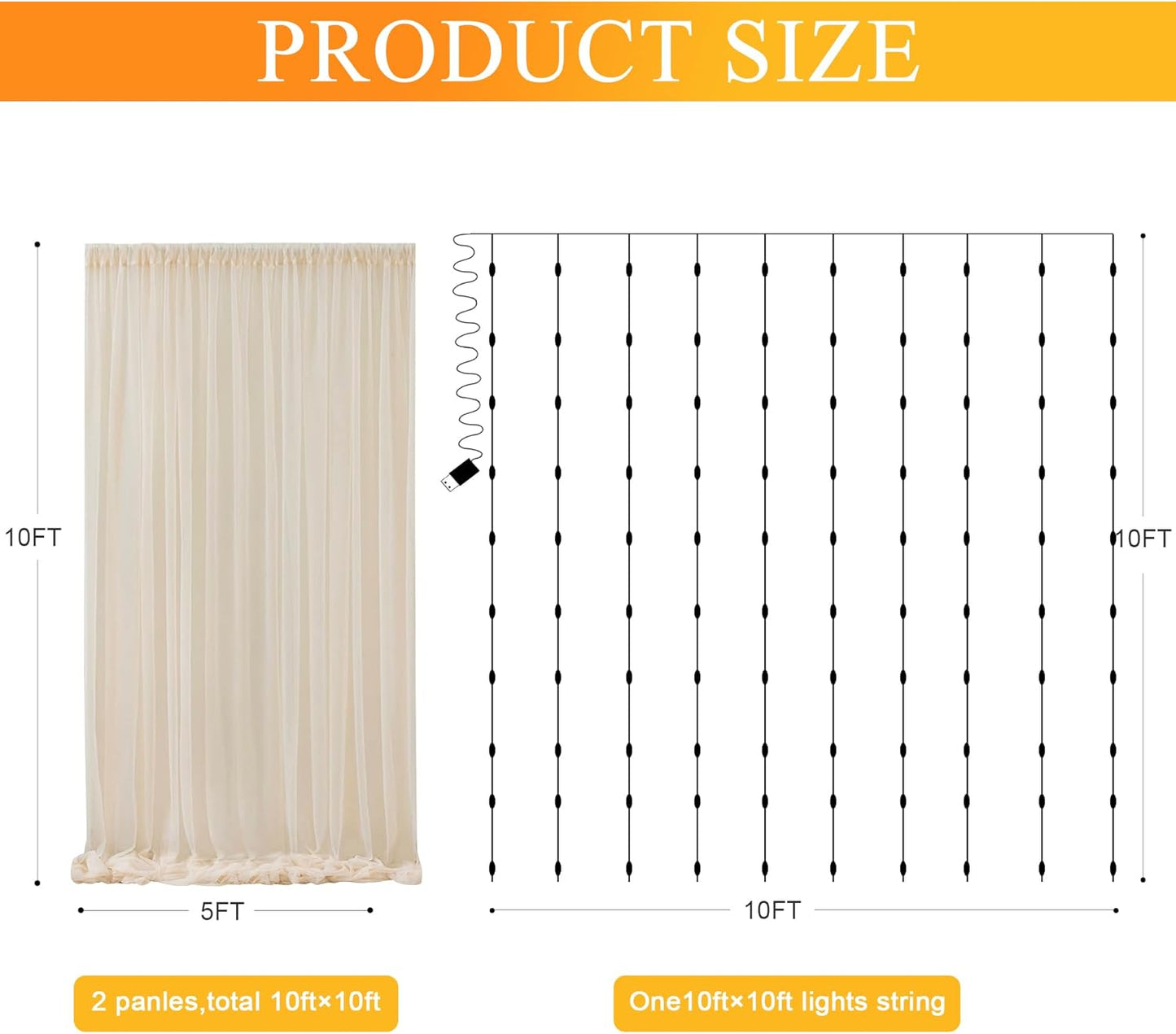 Fomcet Tulle Backdrop Curtains with Lights String White 10FT X 8FT Sheer Curtain with Lights Tulle Curtains Backdrop for Wedding Birthday Party Baby Shower Photo Shoot (2 Panels 5x8FT)