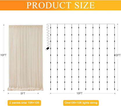 Fomcet Tulle Backdrop Curtains with Lights String White 10FT X 8FT Sheer Curtain with Lights Tulle Curtains Backdrop for Wedding Birthday Party Baby Shower Photo Shoot (2 Panels 5x8FT)