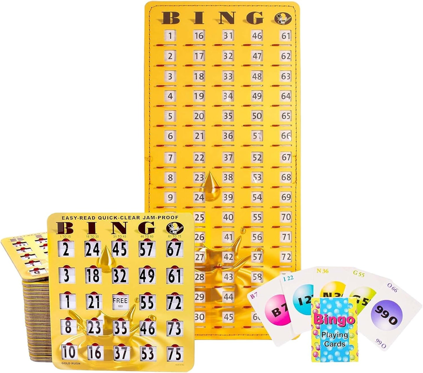 MR CHIPS Jam-Proof Bingo Cards with Sliding Windows, 25 Reusable Shutter Cards, 75 Calling Cards 1 Master Board in Tan Woodgrain Style