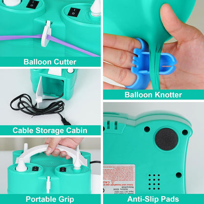 Electric Balloon Pump, Dagelar 3-in-1 Air Pump for Inflatables and Balloons, Portable Balloon Pump for Latex 260Q Long Foil Balloons, 110V Dual Nozzle Inflator Deflator for Pool Floats Air Beds (Teal)