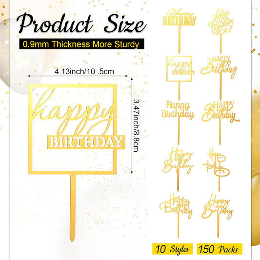 150 Pcs Happy Birthday Cake Toppers Acrylic Cake Topper Glitter Birthday Cake Decorations Double Sided for Adults Various Cake Decoration Party Supplies(Multicolor,Lovely)
