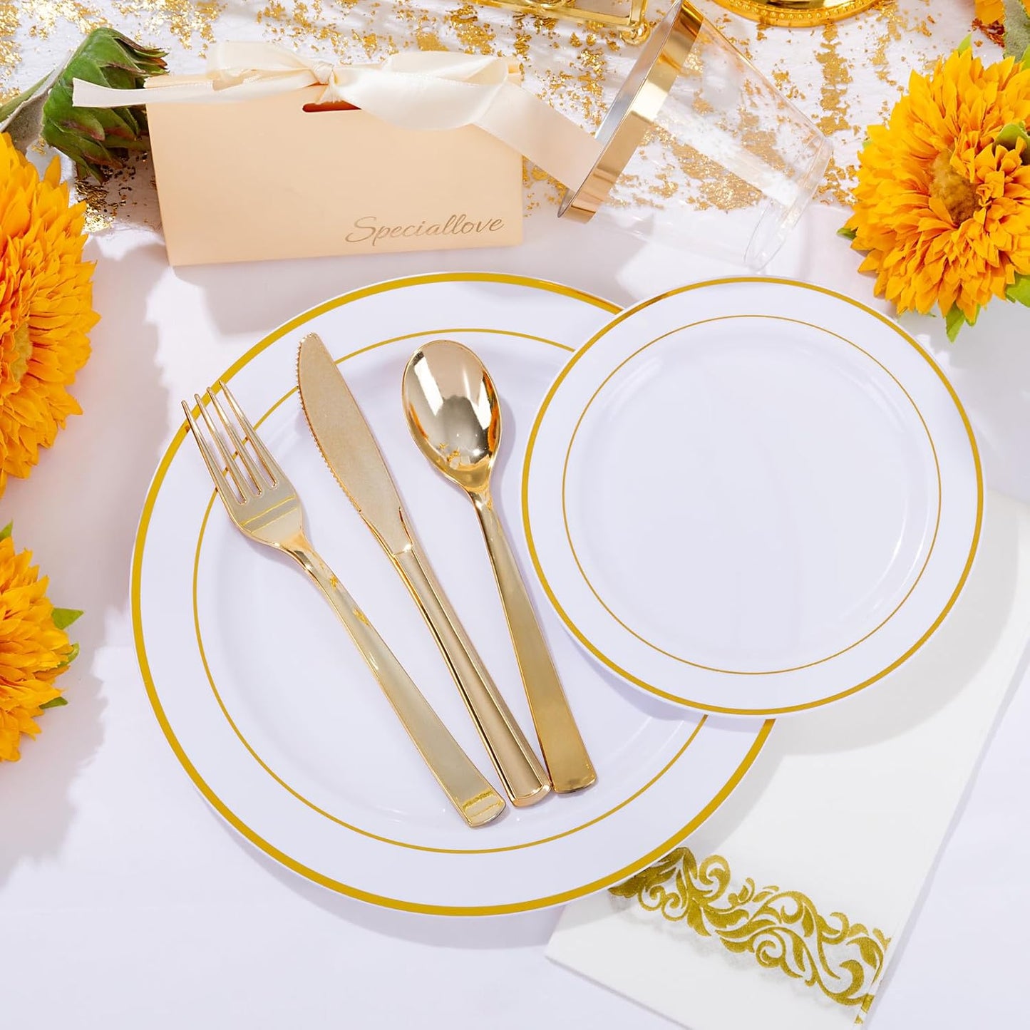 WELLIFE 350-Piece Gold Disposable Plates and Cutlery Set - Premium 10.25" Dinner Plates, 7.5" Dessert Plates, 9oz Cups & Cutlery for Weddings, Catering Events - 50 Guest Service - Elegant & Sturdy