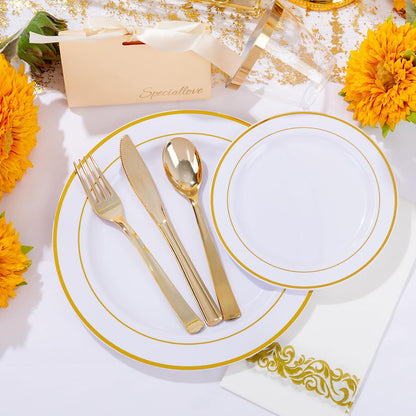 WELLIFE 350-Piece Gold Disposable Plates and Cutlery Set - Premium 10.25" Dinner Plates, 7.5" Dessert Plates, 9oz Cups & Cutlery for Weddings, Catering Events - 50 Guest Service - Elegant & Sturdy