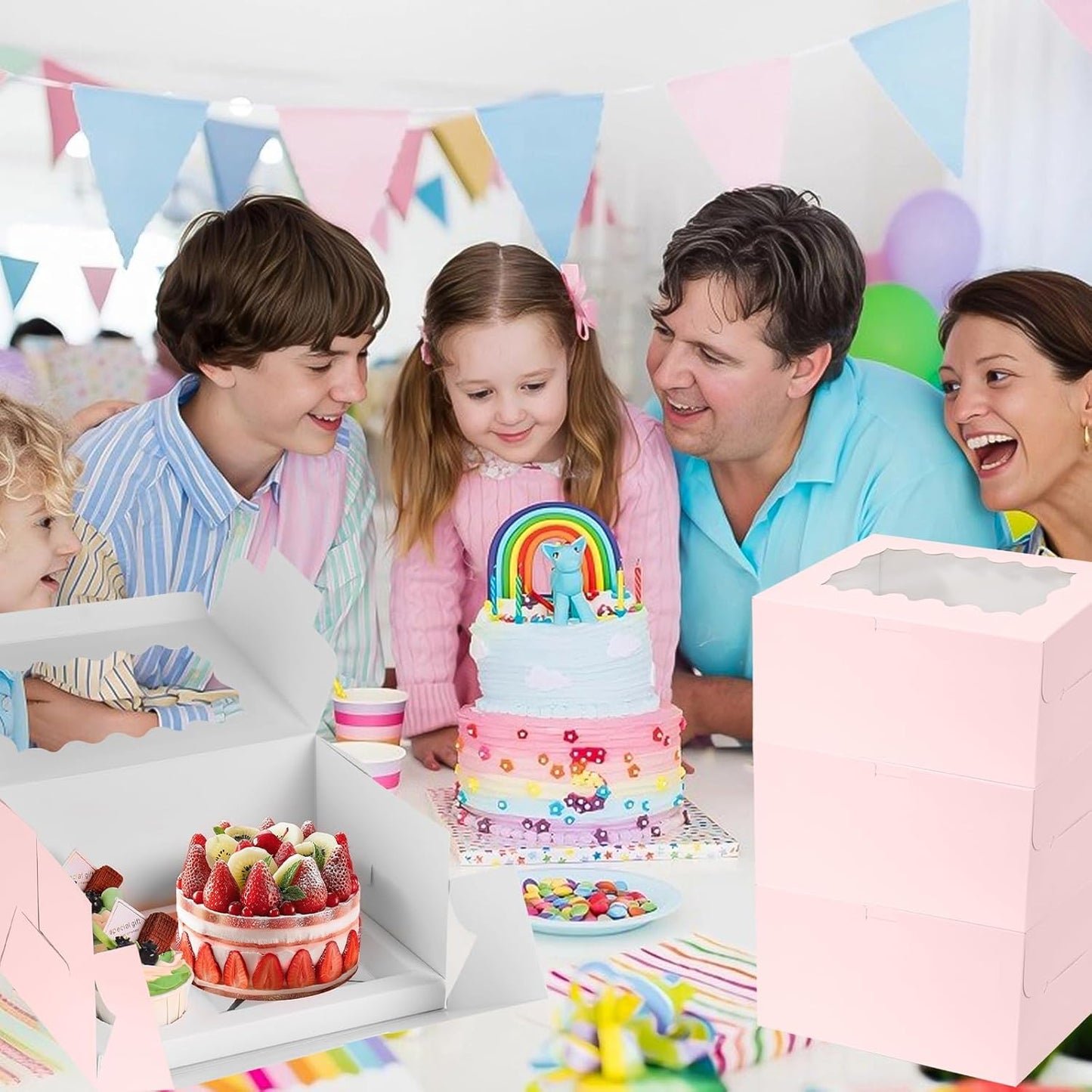 10 Packs Bento Cake and Cupcake Box 3 Holes Fit 2 Cupcakes and 1 Mini Cake Box with Clear Window and Stickers for Cake Cupcake Cookie or Easter and Mother’Day. (1+2/10pcs)