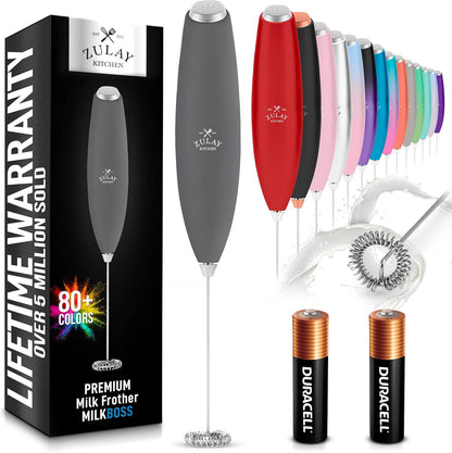Zulay Kitchen Powerful Milk Frother AA Batteries Included – Ultra Fast Handheld Drink Mixer with Stainless Steel Whisk Stirrer for Coffee, Protein, Matcha & More, Frother Wand Electric Frothmate Black - Colors E