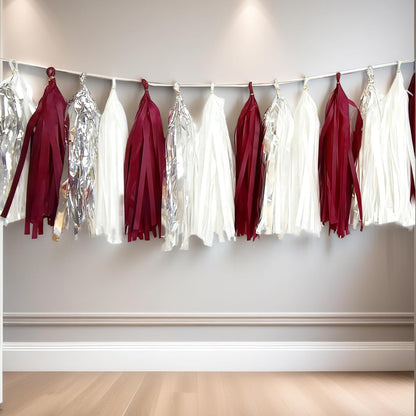 Graduation Decorations Maroon White 2026/Maroon Graduation Party Decorations Silver Tissue Paper Tassel Garlands, Burgundy White Party Garlands for Wedding, Burgundy Silver Birthday Decor