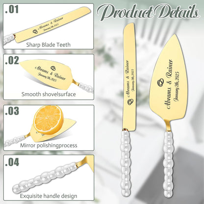 HJX Personalized Wedding Cake Knife and Server Set with Champagne Flutes, Custom Name Text Toasting Glasses for Bride and Groom, Cake Cutting Set Ideal Wedding Engagement Bridal Shower Gift