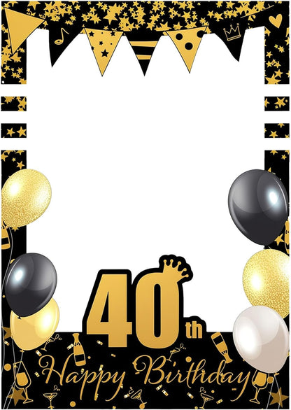Gift for Mom Friend Wife 40 Years Celebration-40th Birthday Party Photo Frame Props, Black Gold Glitter Paper Selfie Booth Prop for Women Men, Elegant Picture Frames Backdrop Cardboard Decoration