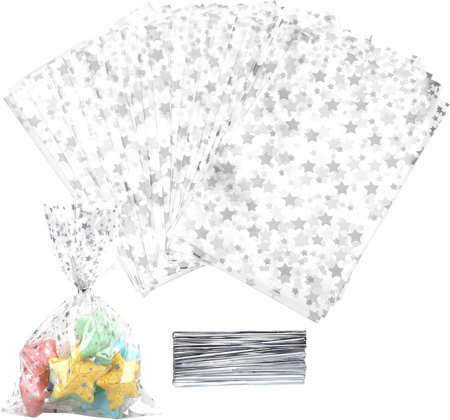 100 Pcs Star Printed 5"X 7" Gift Wrap Cello Cellophane Treat Bags Party Favor bags Clear Candy Cookie Bag Plastic Poly Goodie Storage Bag with Twist Ties for Bakery,Birthday, Wedding ,Party Decorations (Gold)