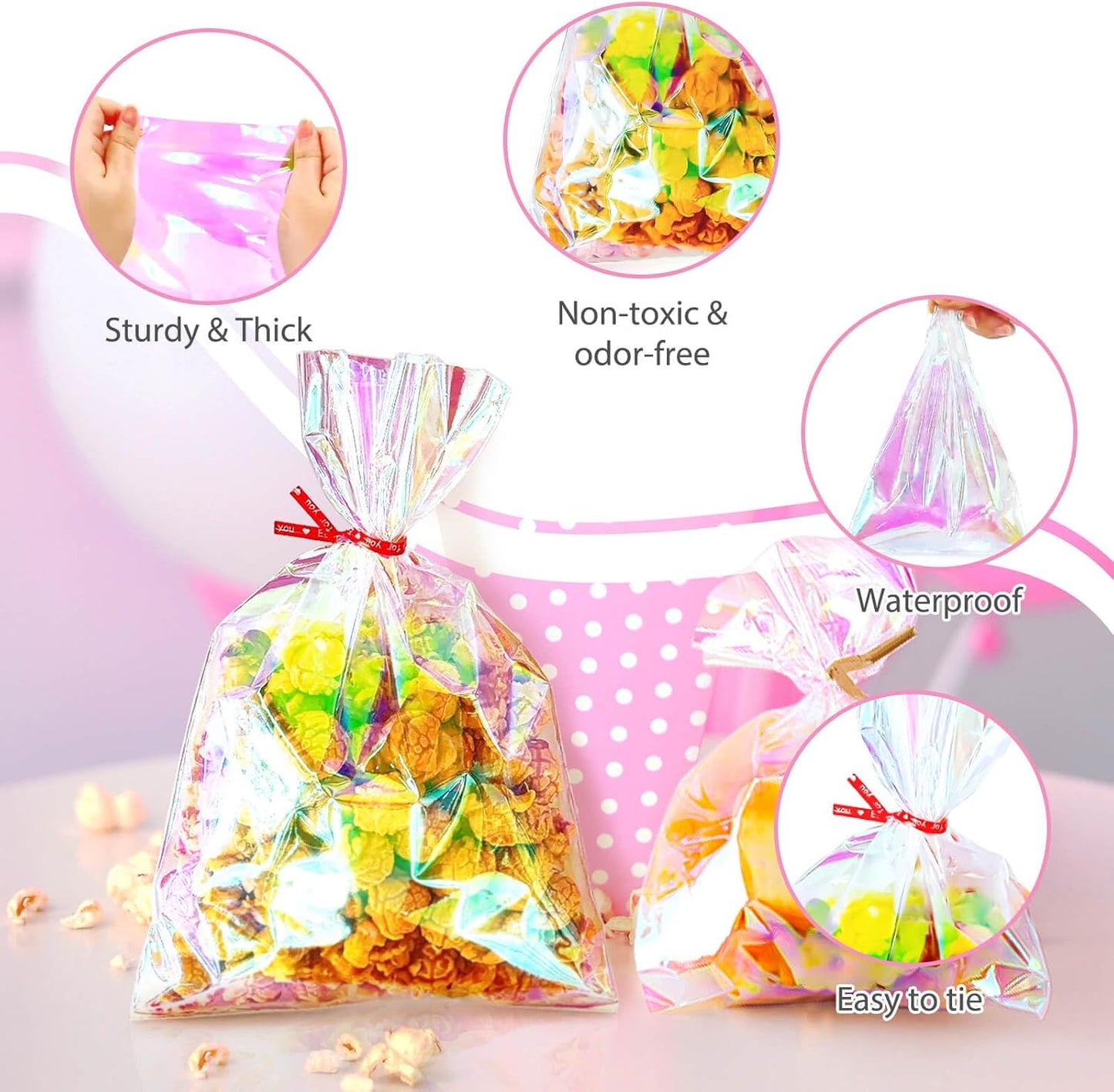 5x7 Inch Iridescent Cellophane Treat Bags with Twist Ties, Treat Bags for Candy Cookie Goodie Chocolates, And Popcorn