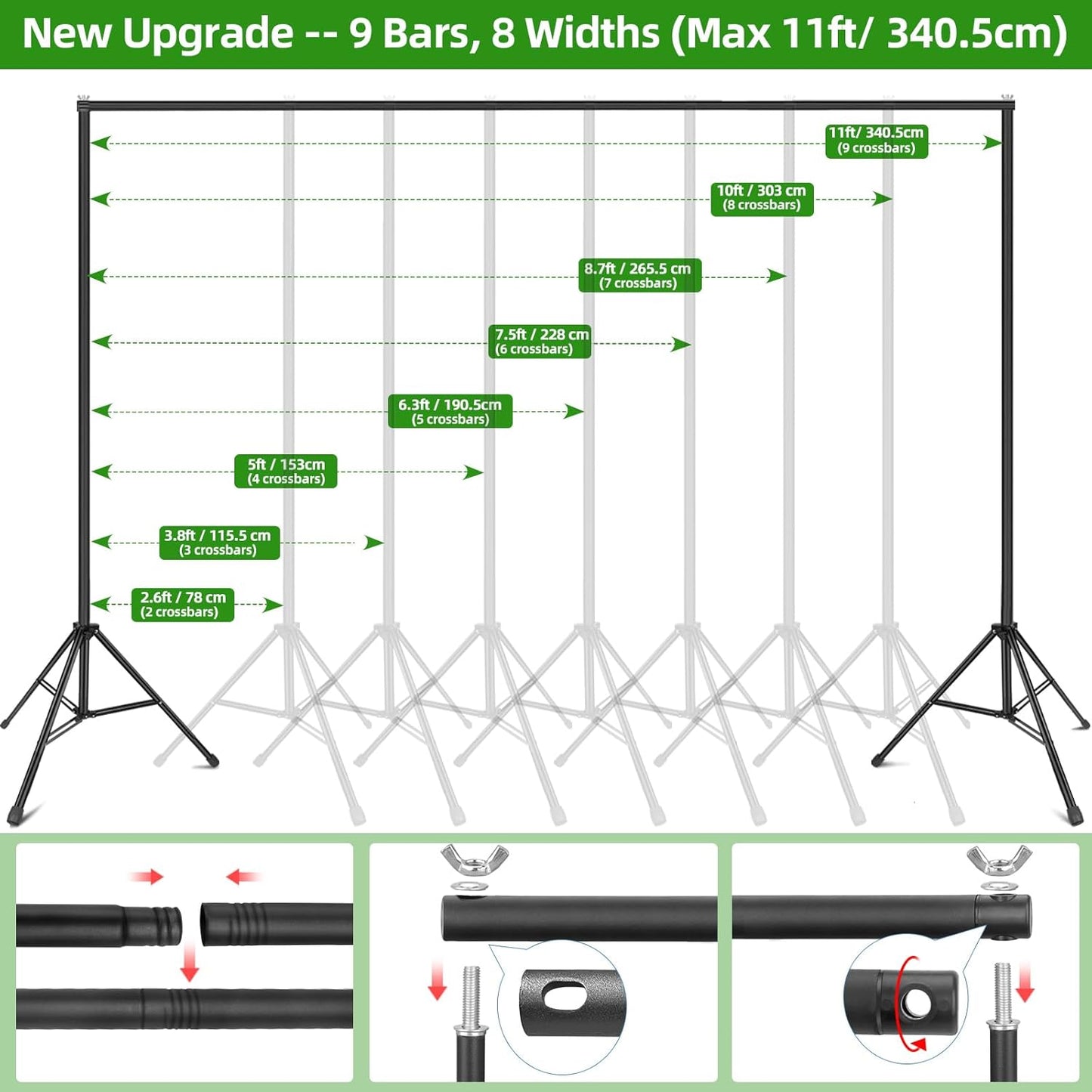 Hemmotop Backdrop Stand 10x8ft (WxH), Photography Background Stand for Parties, Adjustable Photo Backdrop Stands Kit for Wedding, Photo Booth, Party, Decoration, Balloon, Projector Screen