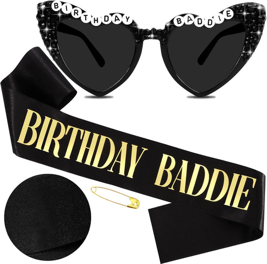 Birthday Baddie Sash and Sunglasses for Women, Black “BIRTHDAY BADDIE” Sash with Gold Foil for Girl, Happy Funny Birthday Decorations Baddie Accessories for Women Men Party Favors Supplies