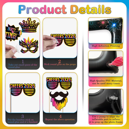 Hawaiian Photo Booth Props & Inflatable Frame, 30Pcs Luau Photobooth Props with Large Inflatable Inflatable Selfie Picture Frame for Summer Tropical Aloha Luau Party Selfie Supplies