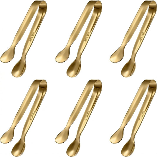 6 PCS Gold Mini Serving Tongs, 4.25 Inch 304 Stainless Steel Appetizer Tongs for Charcuterie Board Accessories, Tea Party, Coffee Bar, Desserts & Buffet, Dishwasher Safe
