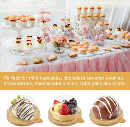 Zezzxu 50 Pack Mini Cake Containers, Clear Plastic Small Cupcake Boxes with Dome Lids for Individual Chocolate Covered Cookies, Strawberry, Mooncake (Gold)