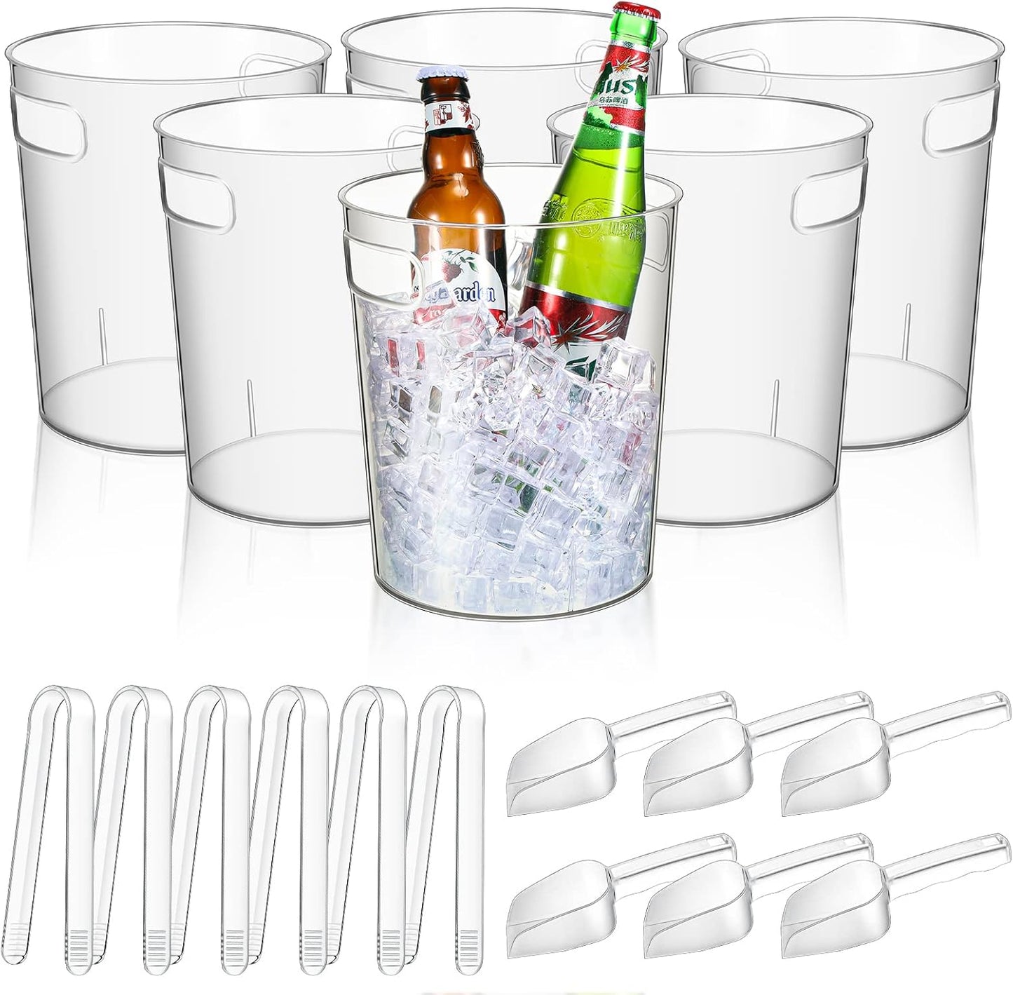 Rtteri 6 Set Plastic Ice Buckets for Parties with Handle, Scoop, Serving Tongs, Large Clear Ice Bucket Round Chiller Beverage Tubs Drink Bottle Cooler for Champagne Beer Wine(4 L)