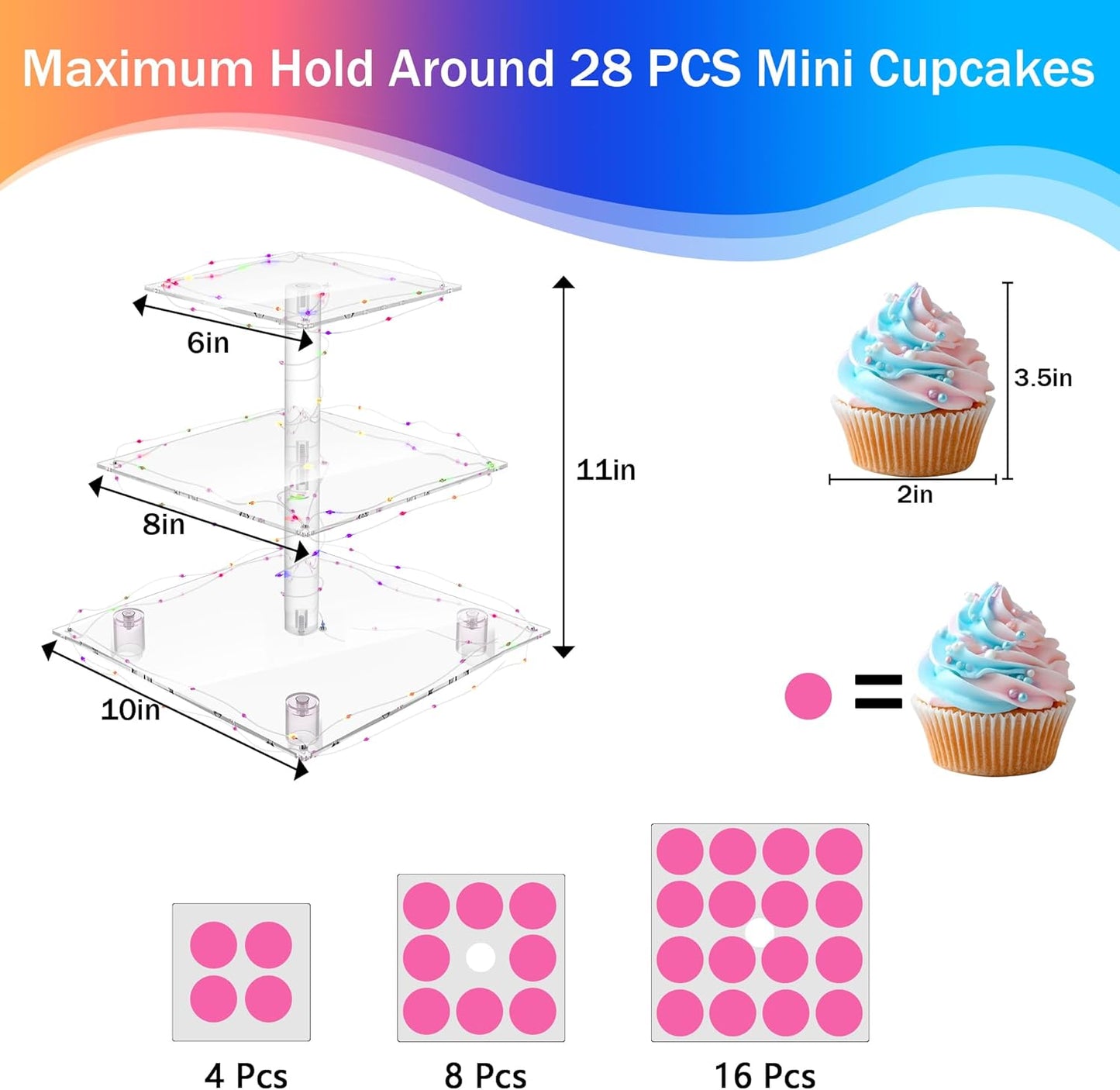 YestBuy Cupcake Stand with Yellow Led Lights, 4 Tier Cupcake Stand for 50 Cupcakes, Acrylic Cupcake Tower Stand, Clear Tiered Cupcake Holder for Birthday Cady Bar Décor Weddings, Parties Events