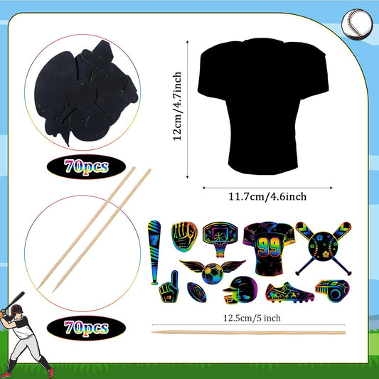Qilery 70 Pcs Sports Scratch Off Papers Crafts Sets with Wooden Stylus and Ribbons Sports Ball Rainbow Paper Scratch Pad for Adult DIY Crafts Supplies for Football Party Project Decoration