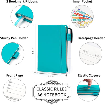feela 6 Pack Pocket Small Notebooks Bulk, Mini Cute Memo Notepads Hardcover College Ruled Lined Journals with Pen Holder for Women Girls Office School, with 6 Black Pens, 3.5”x 5.5”, A6, Rose Pink