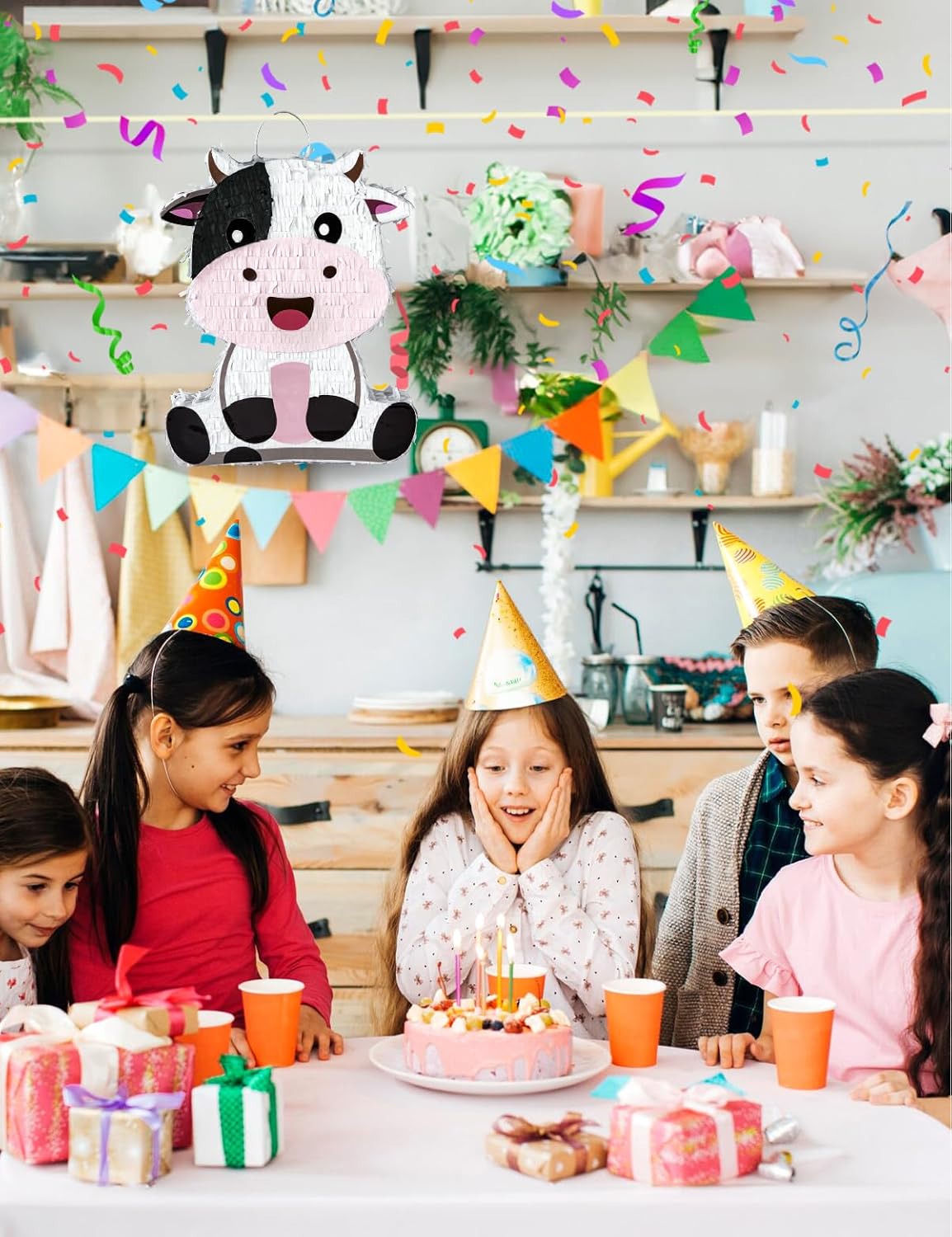 Unicorn Piñata for Birthday Party Girl, Princess Party Piñata with Wood Stick, Blindfold & Confetti, Rainbow Unicorn Birthday Decoration (15.6"x12.6"x3.1")