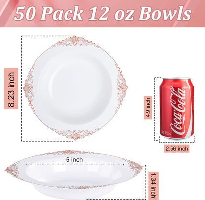 Nervure 50 Pack White Plastic Bowls with Gold Rim - 12oz Disposable Soup Bowls - Heavy Duty Dessert Bowl, Salad Bowl Perfect for Weddings, Parties, Mothers Day