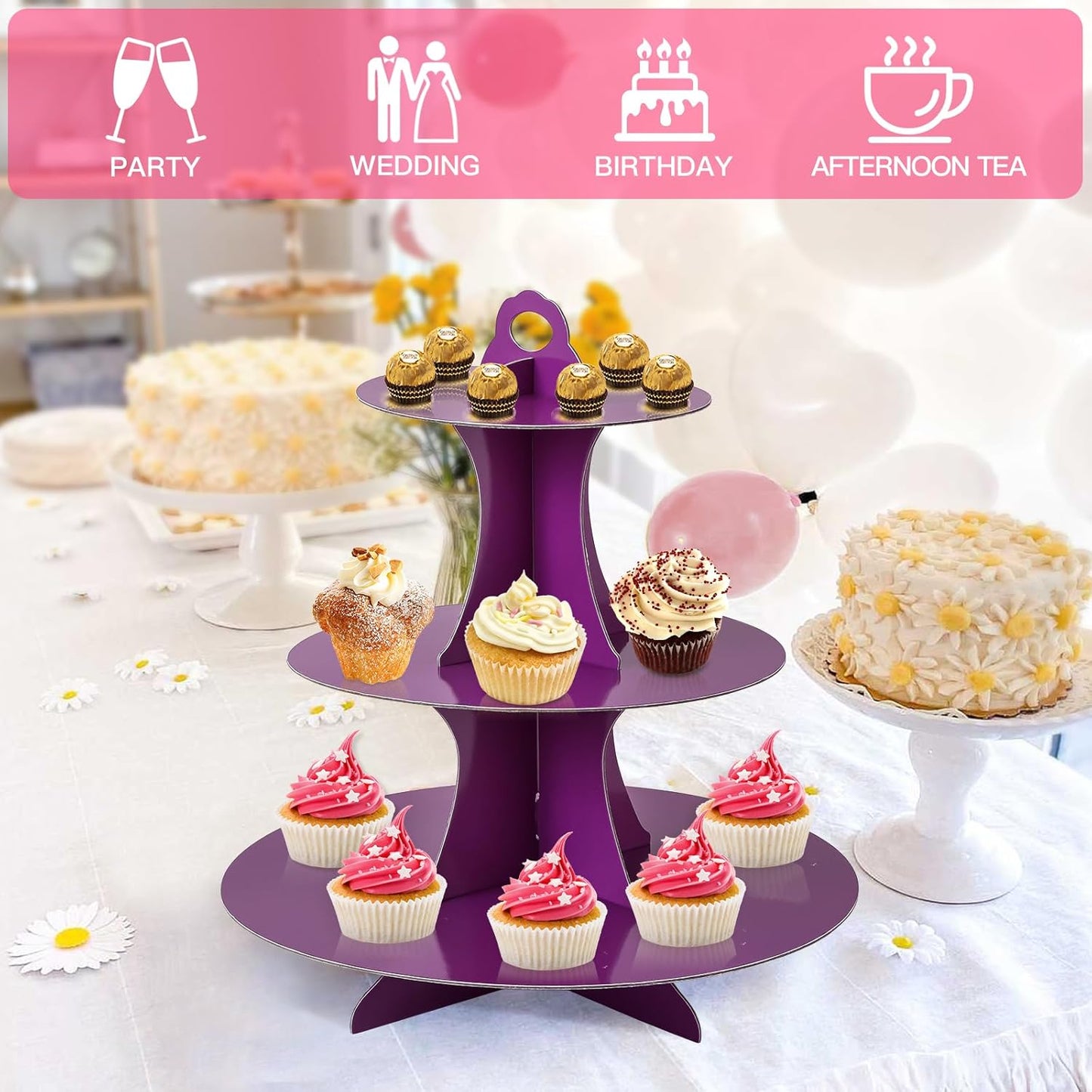 Soleebee 3-Tier Round Cupcake Stand, Cardboard Cupcake Tower, Dessert Cup Cake Stand Tower for Birthday Wedding Party Decoration, Cupcake Tier Stand 1 Set (Hot Pink)
