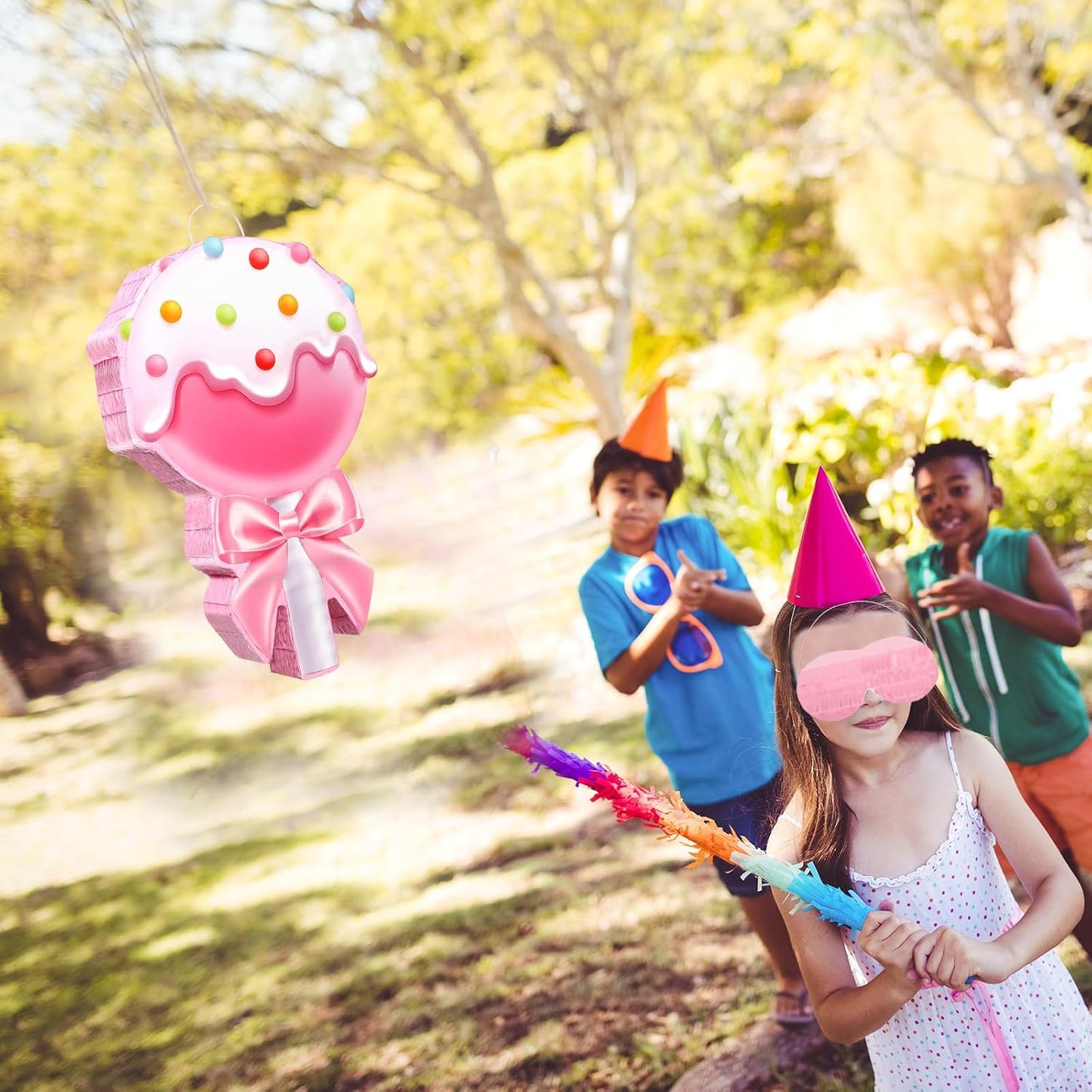 Aoriher Candy Party Favor Candy Piñata with Stick Blindfold Pink Sweet Lollipop Candy Piñata for Birthday Party Supplies Decoration