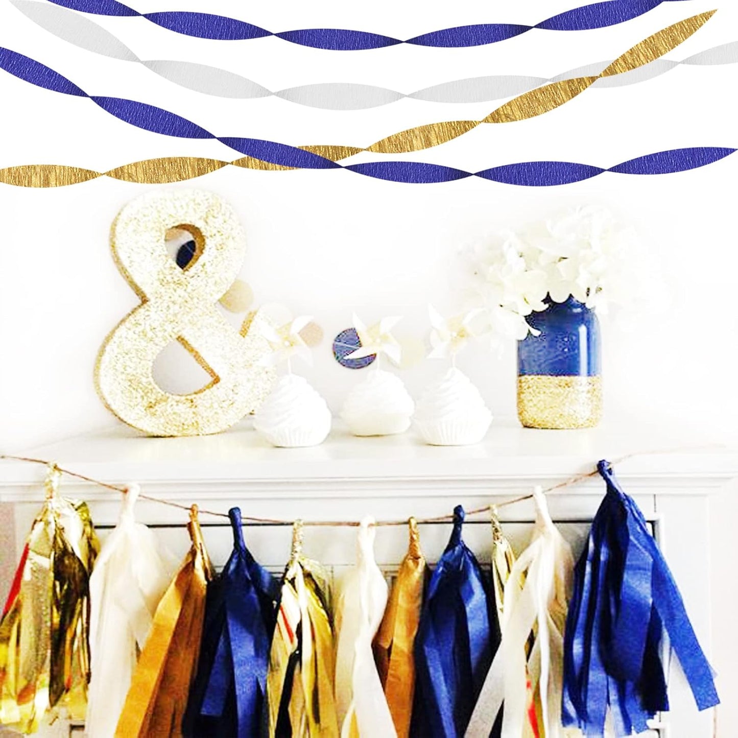 Navy-Blue White-Gold Crepe Paper Streamers - 9 Rolls Royal Blue Graduation 2025 Men Boy Birthday Party Decorations Streamer Wedding Bridal Shower Paper Garland Fathers Day Decor Panduola