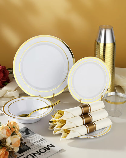 BESTVIP 350PCS Gold Plastic Dinnerware Set, Disposable Party Plates for 50 Guests, Include: 100 Plastic Plates, 50 Pre Rolled Napkins with Gold Silverware, 50 Cups