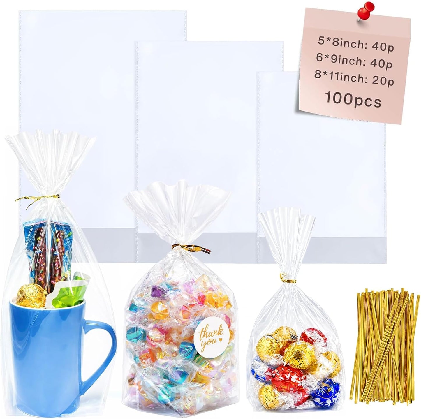 Cellophane Treat Bags, 5x7 Inch Iridescent Cellophane Bags with Thank You Stickers and Twist Ties, Celebrations Baby Showers Weddings Birthday Party Gift Wrapping(Pack of 100)
