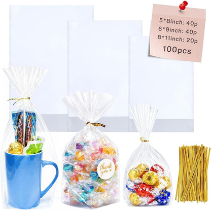 Cellophane Treat Bags, 5x7 Inch Iridescent Cellophane Bags with Thank You Stickers and Twist Ties, Celebrations Baby Showers Weddings Birthday Party Gift Wrapping(Pack of 100)