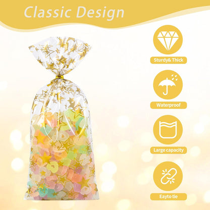 100 Pcs Star Printed 5"X 7" Gift Wrap Cello Cellophane Treat Bags Party Favor bags Clear Candy Cookie Bag Plastic Poly Goodie Storage Bag with Twist Ties for Bakery,Birthday, Wedding ,Party Decorations (Gold)