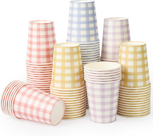 120pcs 9oz Gingham Party Paper Drinking Cups, 4 Colors Easter Party Disposable Plaid Paper Cups Easter Paper Cups Checkered Cups for Wedding Birthday Decoration Fiesta Baby Shower Picnic
