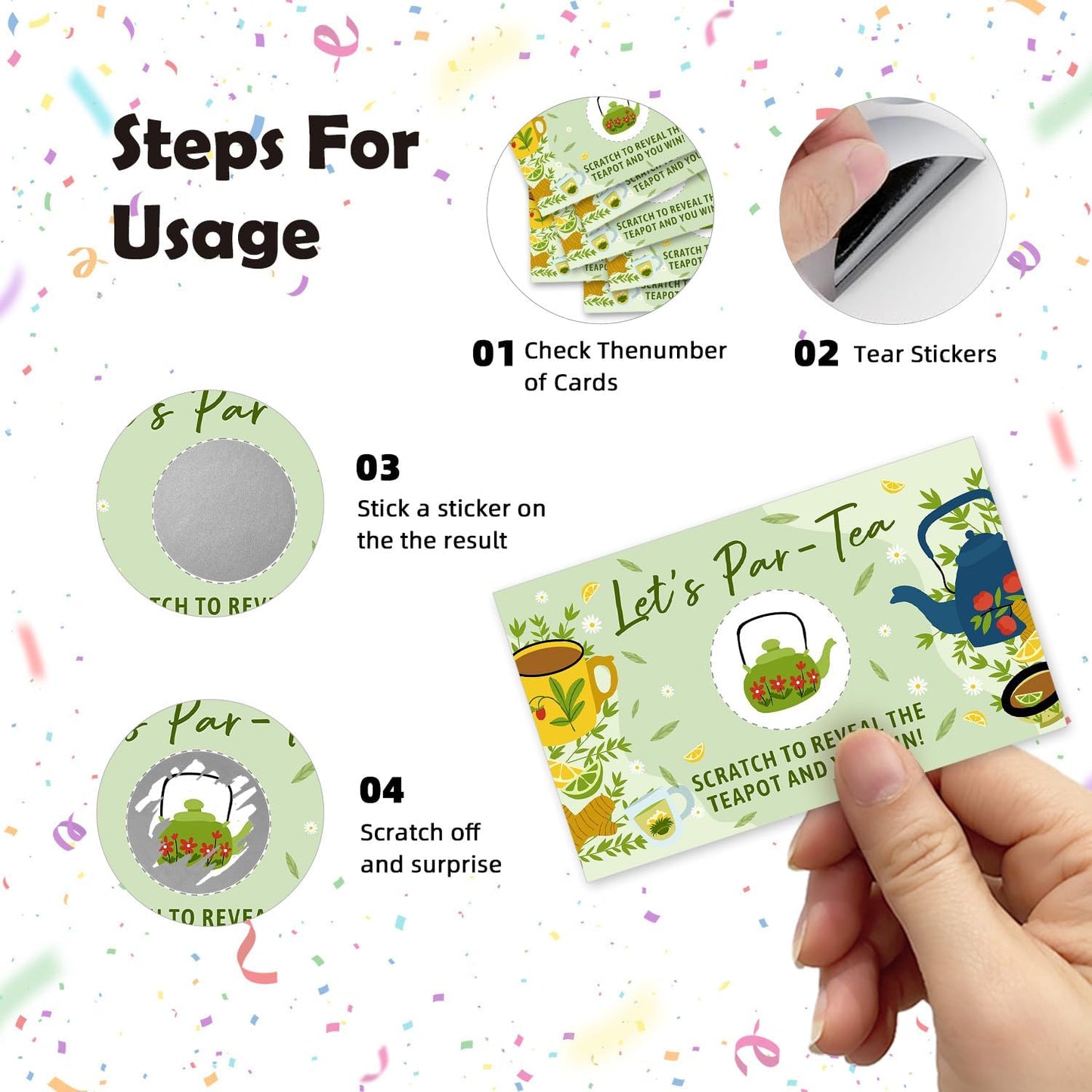 Let's Par Tea Theme Funny Party Game Scratch Off Cards 32Pcs, Lady Tea Party Holiday Event Raffle Tickets, Lottery Game for Group Activity Engagement Bachelorette Party Game, Bridal Shower