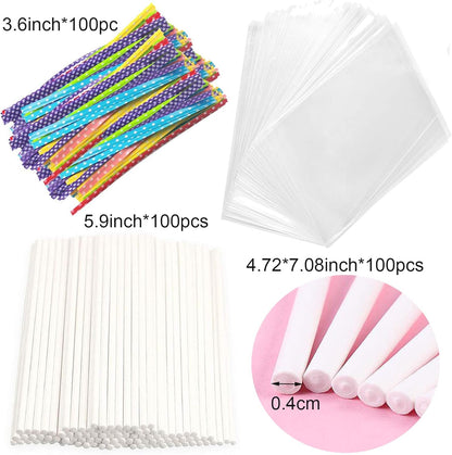 300PCS Lollipop Cake Pop Treat Bag Set Including 100pcs Parcel Bags, Papery Treat Sticks, Gold Metallic Twist Ties for Making Candies, Chocolates and Cookies