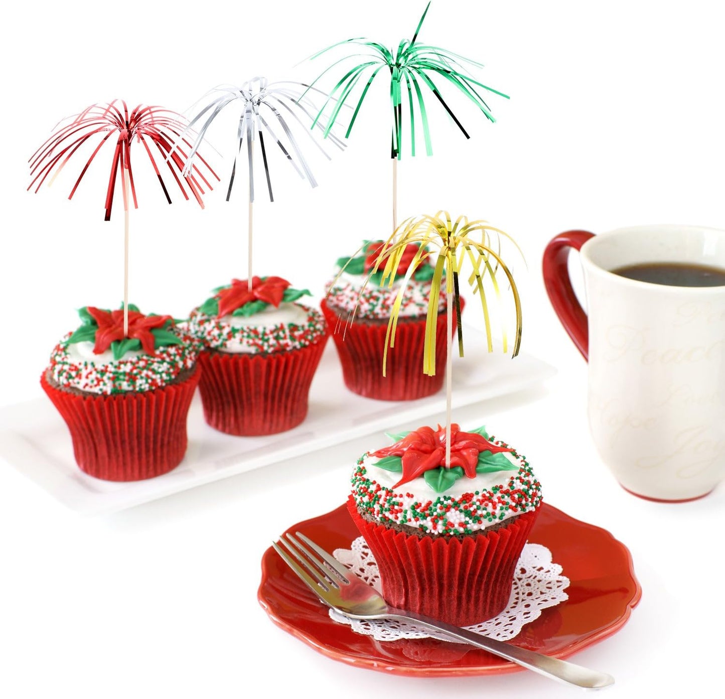 Tecunite 100 Pcs Foil Firework Cupcake Toppers Sparkle Tinsel Cupcake Picks 9 Inch Happy Birthday Cake Toppers Drink Cocktail Picks Stirrers for Christmas Baby Shower Birthday Party Decors Supplies
