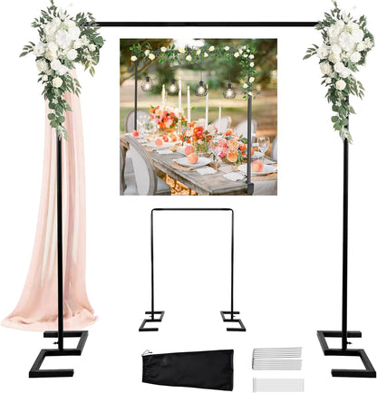 8.2FT Square Wedding Arch Backdrop Stand,Balloon Arch Stand, Metal Gold Backdrop Adjustable Stand Heavy Duty, Extra 2 Clamps Change Over The Table Rod Stand for Party Decoration,Garden Trellis Frame