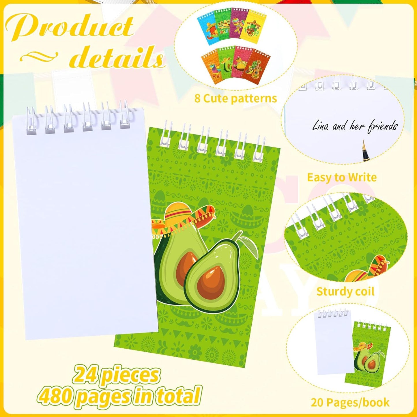 24 Pieces Small Mexican Spiral Notepads Mexican Memo Pads Cinco De Mayo Fiesta Notepads Mini Fiesta Theme Spiral Notebooks for Mexico Party Favor Teacher Rewards Supplies, 2.4 x 3.9 Inches