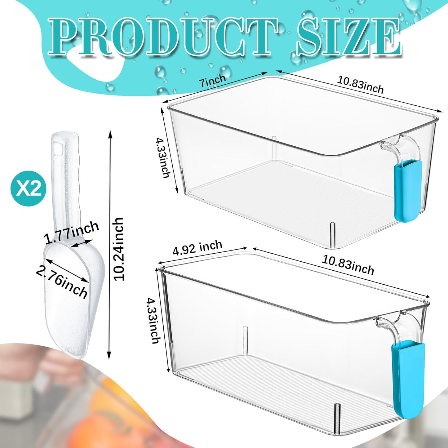 Havawish Ice Storage Bin and Flexible Scoop Set Plastic Freezer Bin with Pull Out Handle Storage Bucket Clear for Container with Scoop(Grey,10.83 x 4.92 x 4.33 in,Classic)