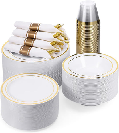 BESTVIP 350PCS Gold Plastic Dinnerware Set, Disposable Party Plates for 50 Guests, Include: 100 Plastic Plates, 50 Pre Rolled Napkins with Gold Silverware, 50 Cups