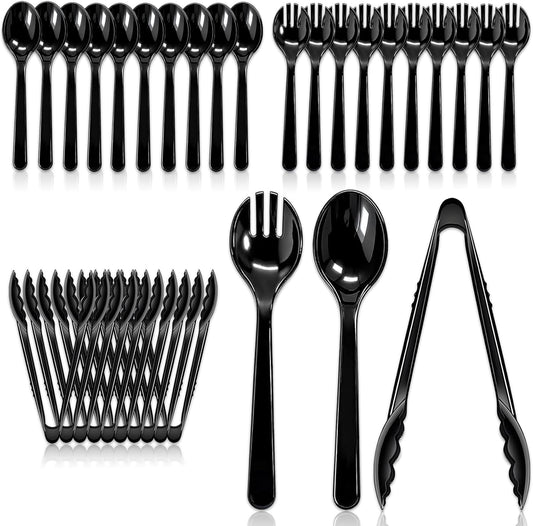 24 Pack Disposable Black Plastic Serving Utensils, Including Plastic Serving Spoons, Forks And Tongs, Disposable Serving Spoons For Buffet Dinner Parties Buffets Banquets Events Weddings And Daily Use