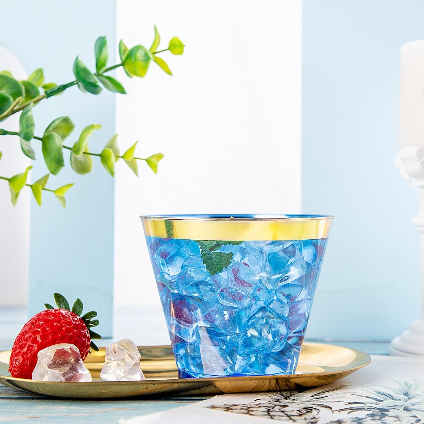 Nervure 120PCS Gold Plastic Cups - 9Oz Gold Rimmed Plastic Cups - Heavy Duty Disposable Clear Cup with Gold Rim Perfect for Weddings, Receptions & Parties