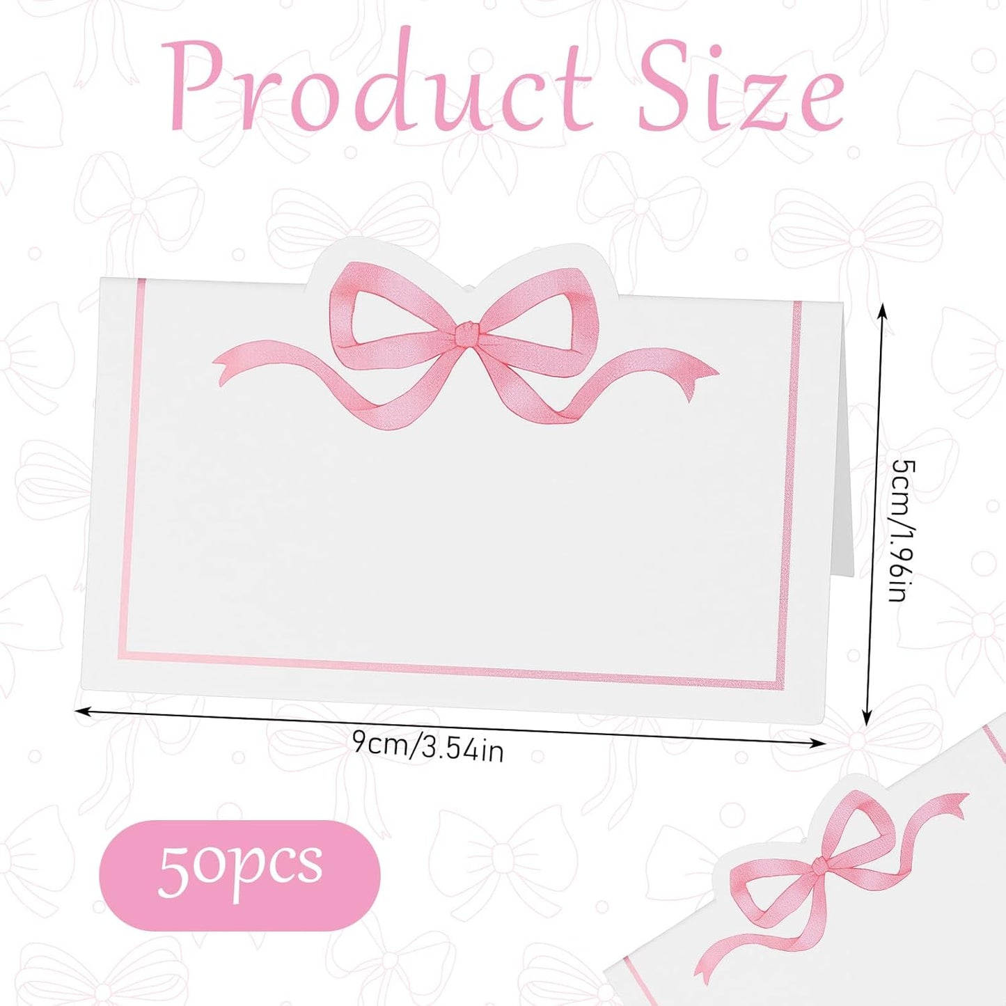 Wedding Place Cards, 50 Pcs Pink Bow Name Cards for Table Setting, Folded Tent Card for Baby Shower, Bachelorette Party & Bridal Shower, 3.54 x 1.96 Inch (Pink)