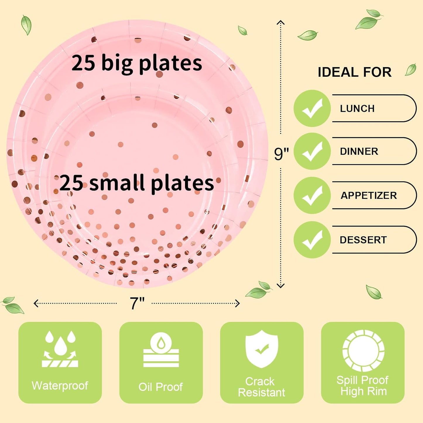 LANLISA 50 Pcs Pink Paper Plates Disposable, 25-9" & 25-7" Disposable Birthday Cake Dessert Plates For Valentines Day, Baby Shower, Easter Party, Mothers Day Party Supplies
