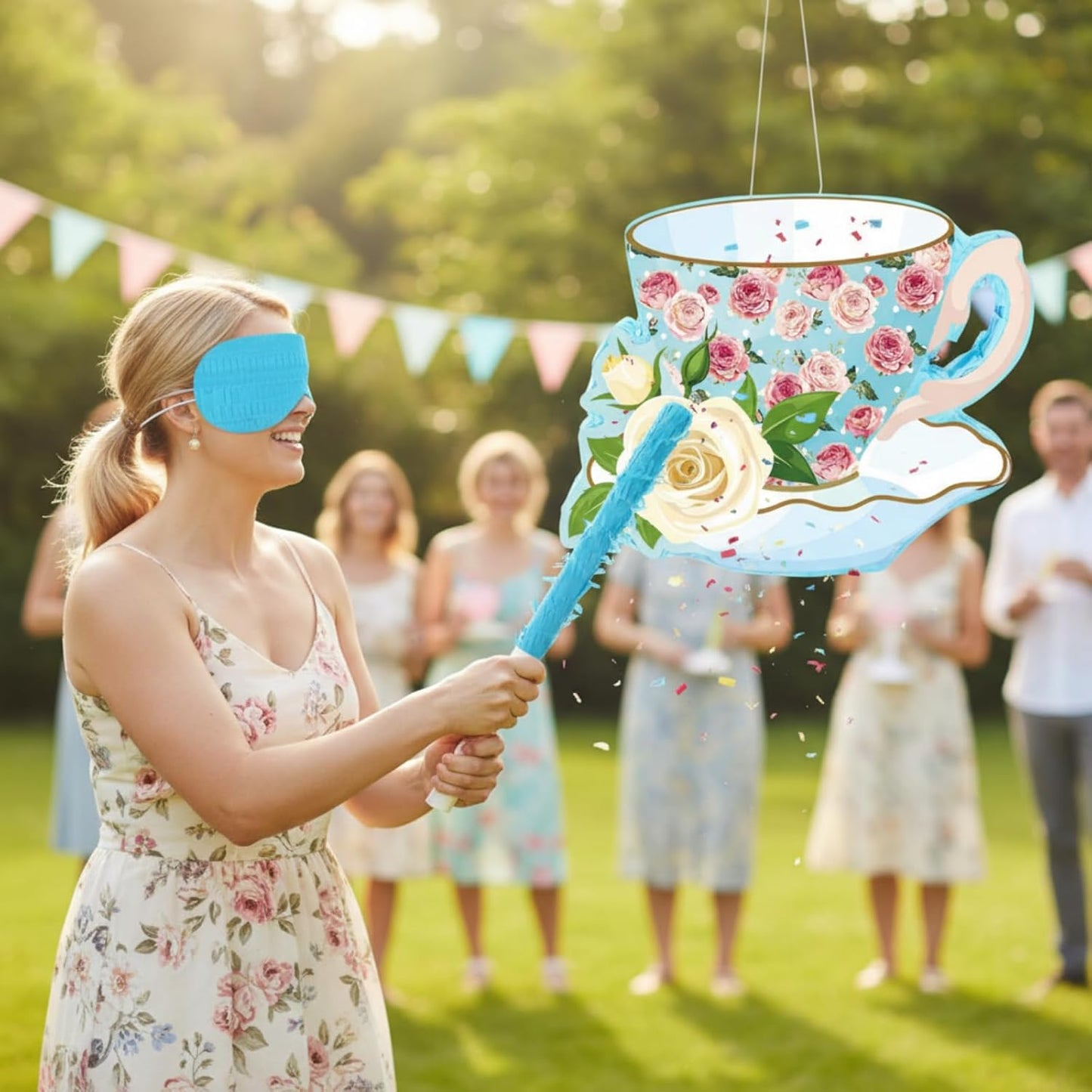 Aoriher 4 Pieces Tea Party Piñatas Tea Flower Themed Decorations Teapot Small Piñata Bundle with Blindfold and Stick Teacup Party Supplies Favors for Birthday(Pink,Teapot)