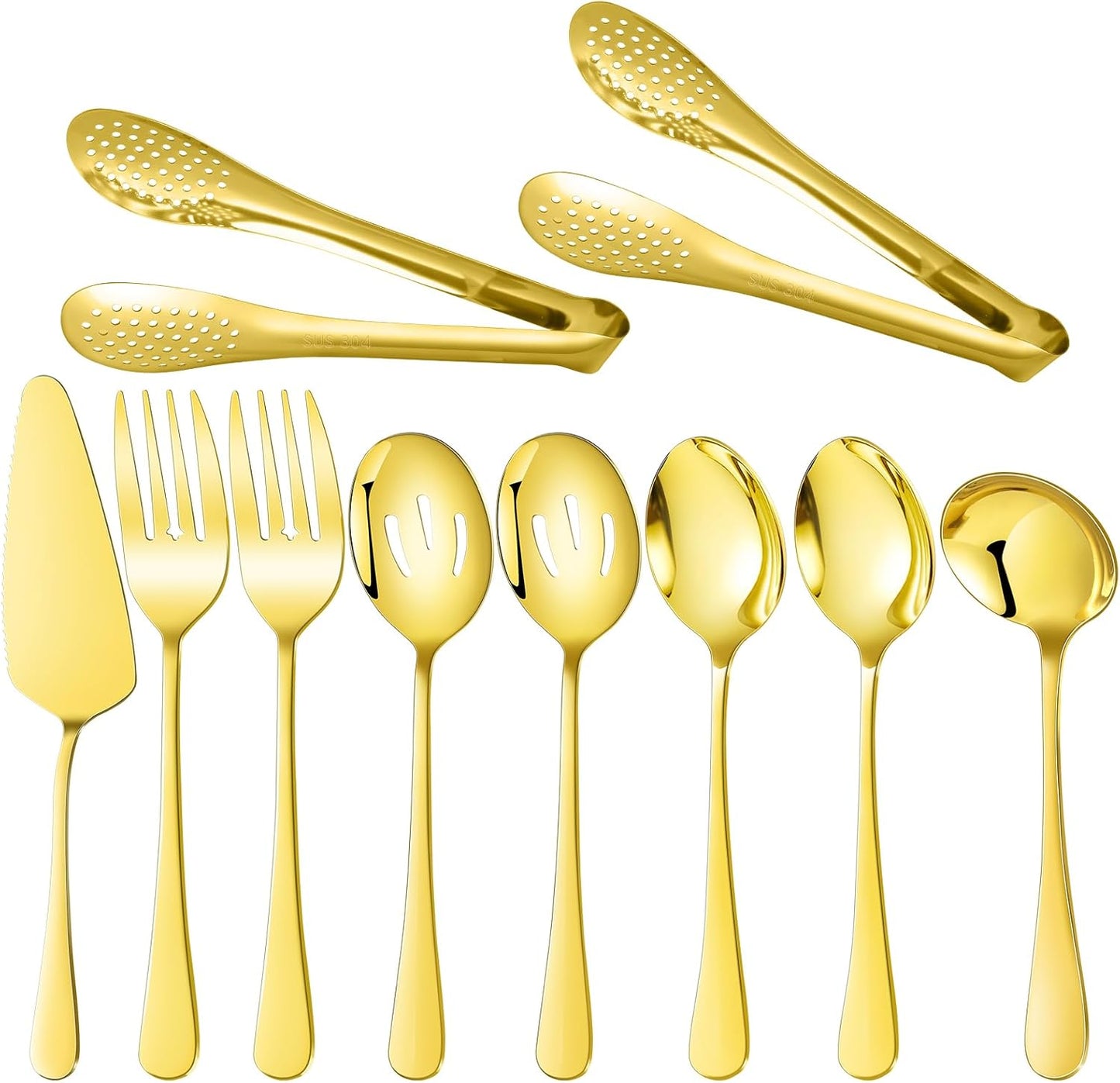 10PCS 18/8 Stainless Steel Serving Utensils Set for Parties, Kitchen Serving Tools-Include Serving Spoons, Slotted Spoons, Serving Forks Tongs Soup Ladle, Cake Pie Server for Buffet, Wedding