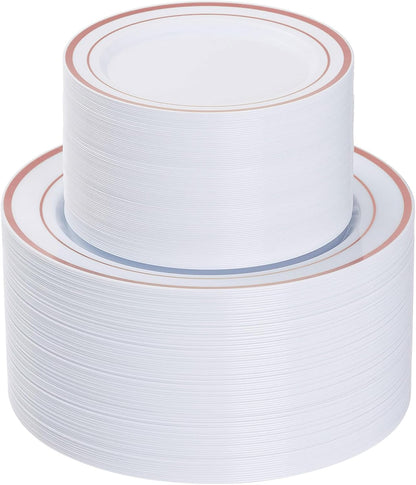 Goodluck 200PCS Gold Plastic Plates, Heavy Duty Disposable Gold Plates with 100 10.25 inch Dinner Plates and 100 7.5 inch Dessert Plates for Party, Holiday, Wedding, Thanksgiving