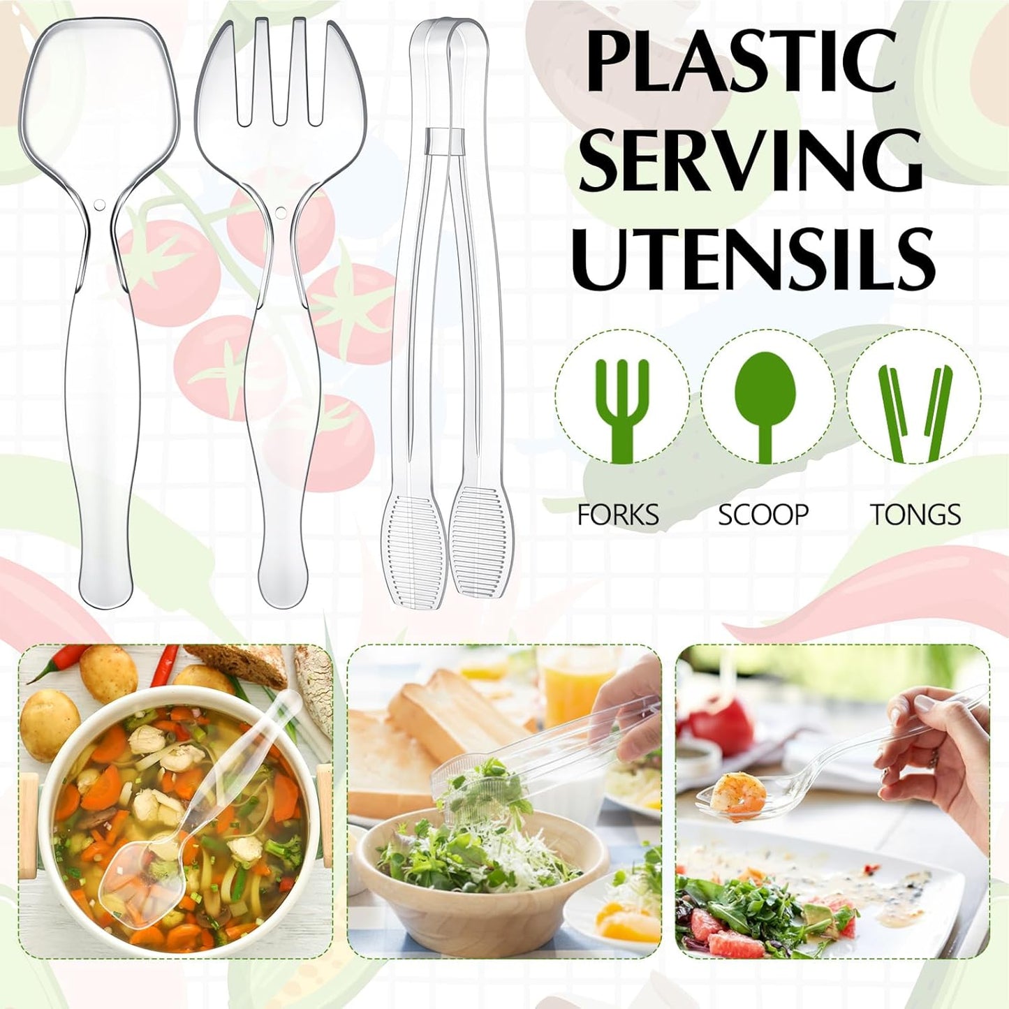 Vesici 12 Sets /36 Pcs 9'' Large Plastic Serving Utensils Set for Buffet, Clear Disposable Serving Utensils Heavy Duty Spoons Forks Tongs Catering Supplies for Christmas Wedding Birthday Party