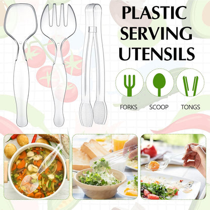 Vesici 12 Sets /36 Pcs 9'' Large Plastic Serving Utensils Set for Buffet, Clear Disposable Serving Utensils Heavy Duty Spoons Forks Tongs Catering Supplies for Christmas Wedding Birthday Party